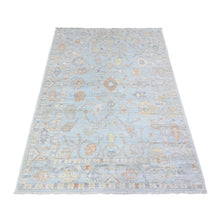 Load image into Gallery viewer, 4&#39;2&quot;x5&#39;9&quot; Atmospheric Blue, Afghan Hand Knotted Angora Oushak All Over Floral Pattern, Vegetable Dyes Soft Wool, Oriental Rug FWR531678