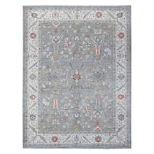 Load image into Gallery viewer, 9&#39;2&quot;x11&#39;10&quot; Shark Gray With Ultra Pure White Border, Extra Soft Wool, Hand Knotted, Heriz All Over Design Fine Peshawar, Vegetable Dyes and Densely Woven Oriental Rug FWR531858