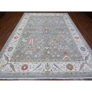 9'2"x11'10" Shark Gray With Ultra Pure White Border, Extra Soft Wool, Hand Knotted, Heriz All Over Design Fine Peshawar, Vegetable Dyes and Densely Woven Oriental Rug FWR531858