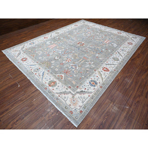 9'2"x11'10" Shark Gray With Ultra Pure White Border, Extra Soft Wool, Hand Knotted, Heriz All Over Design Fine Peshawar, Vegetable Dyes and Densely Woven Oriental Rug FWR531858