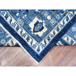 9'x12'4" Yale Blue, All Wool, Afghan Serapi Heriz With Central Medallion Design, Hand Knotted Densely Woven, Soft To The Touch Pile, Vegetable Dyes, Oriental RugSh88644 FWR531864