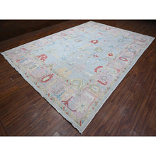 Load image into Gallery viewer, 9&#39;9&quot;x13&#39;9&quot; Medium Gray With Mauve Pink Borders, Natural Dyes, Wool Weft With Rural Elements, Hand Knotted, Wool Weft, Faded Angora Oushak Oriental Rug FWR532026