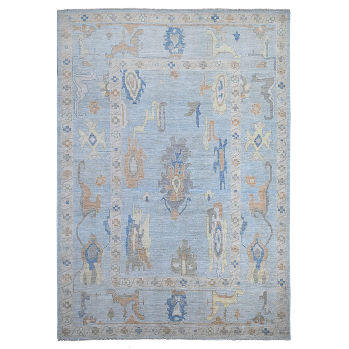 10'x14' Air Superiority Blue, Vegetable Dyes, Hand Knotted With Broad Borders, All Over Colorful Village Medallions, Afghan Angora Oushak, Wool Weft, Oriental Rug FWR532038