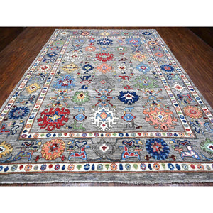 10'x12'10" Ice Gray, All Wool Pile, Vegetable Dyes, Angora Oushak, All Over Colorful Village Motifs, Hand Knotted, Oriental Rug FWR532062