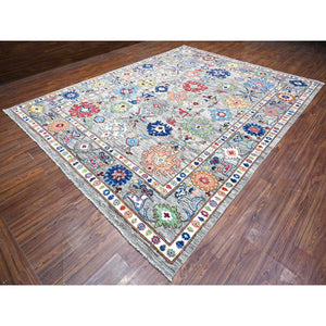 10'x12'10" Ice Gray, All Wool Pile, Vegetable Dyes, Angora Oushak, All Over Colorful Village Motifs, Hand Knotted, Oriental Rug FWR532062