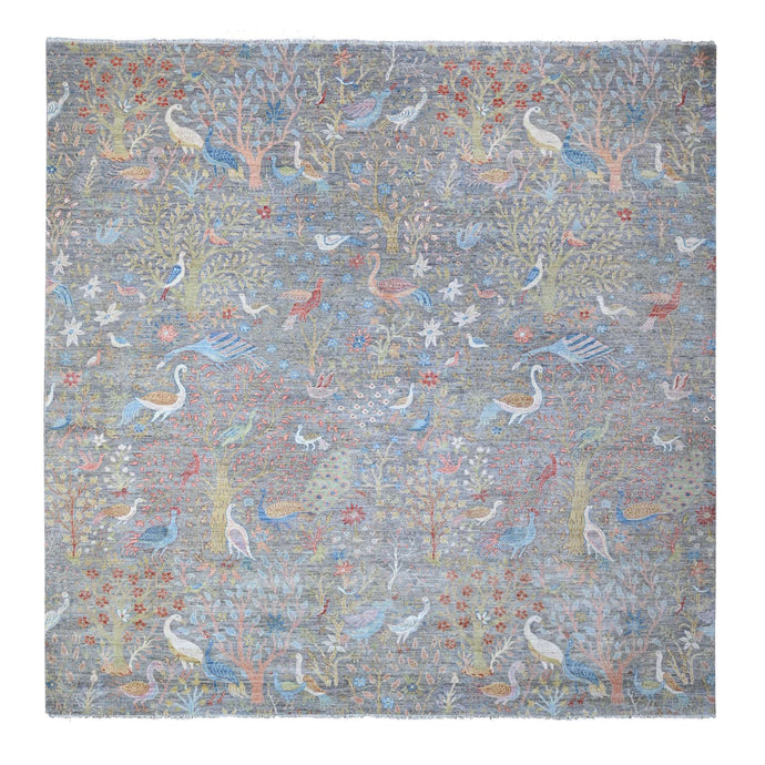 12'x12' Pewter Gray, Afghan Peshawar with Birds of Paradise, Hand Knotted, Natural Dyes, 100% Wool, Square Oriental Rug FWR532266