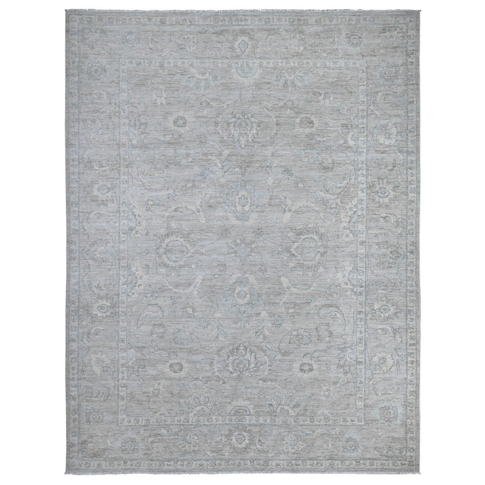 10'x13' Pewter Gray, Hand Knotted, Natural Dyes, White Wash Fine Peshawar With Floral Design, Soft To The Touch, Velvety Wool, Oriental Rug FWR532458