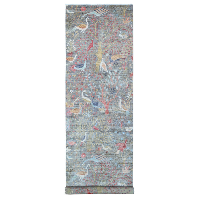 4'x16' Light Gray, Vegetable Dyes, Pure Wool, Hand Knotted, Afghan Peshawar Borderless Birds of Paradise Design, Wide Runner Oriental Rug FWR532530