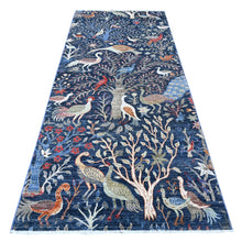 Load image into Gallery viewer, 4&#39;1&quot;x9&#39;8&quot; Penn Blue, Birds of Paradise Tree of Life Afghan Peshawar, Hand Knotted Soft and Vibrant Wool, Vegetable Dyes, Abrash Wide Runner, Oriental Rug FWR532536