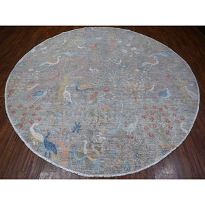 10'x10' Krypton Gray, Hand Knotted Natural Dyes, 100% Wool, Afghan Peshawar with Birds of Paradise, Round Oriental Rug FWR532626