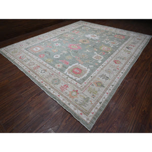 12'2"x14'5" Silver Green, Oversized, Hand Knotted Angora Oushak, Natural Dyes, All Over Village Motifs, Oriental Rug FWR532650