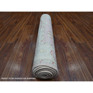 2'10"x11'6" Dust Storm Pink, Soft Wool Foundation, Natural Dyes, Hand Knotted, Village Elements All Over Design, Angora Oushak, Runner Oriental Rug FWR532926