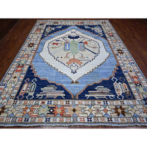 9'1"x11'4" Tufts Blue, Vegetable Dyes, Anatolian Village Inspired With Central Large Tribal Geometric Medallion, Extra Soft Wool, Hand Knotted, Oriental Rug FWR533046