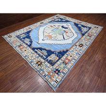 Load image into Gallery viewer, 9&#39;1&quot;x11&#39;4&quot; Tufts Blue, Vegetable Dyes, Anatolian Village Inspired With Central Large Tribal Geometric Medallion, Extra Soft Wool, Hand Knotted, Oriental Rug FWR533046