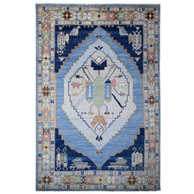 Load image into Gallery viewer, 9&#39;5&quot;x14&#39;7&quot; Maya Blue, Tribal Village Anatolian Design, Hand Knotted, Vegetable Dyes, Central Medallion Design, Pure Vibrant Wool, Oriental Rug FWR533058