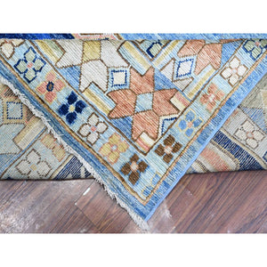 9'5"x14'7" Maya Blue, Tribal Village Anatolian Design, Hand Knotted, Vegetable Dyes, Central Medallion Design, Pure Vibrant Wool, Oriental Rug FWR533058