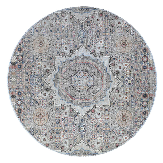 10'x10' Concrete Gray, Vegetable Dyes, Hand Knotted, 100% Wool, Fine Peshawar Round With Mamluk Geometric Design, Oriental Rug FWR533232