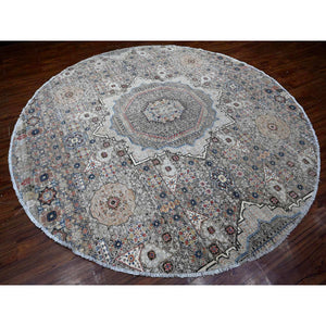 10'x10' Concrete Gray, Vegetable Dyes, Hand Knotted, 100% Wool, Fine Peshawar Round With Mamluk Geometric Design, Oriental Rug FWR533232