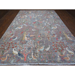 10'x13'6" Radiant Silver Gray, Hand Knotted, Afghan Peshawar With Birds of Paradise Design, Vegetable Dyes, 100% Wool, Oriental Rug FWR533286