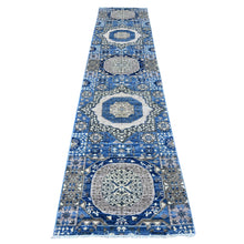 Load image into Gallery viewer, 2&#39;7&quot;x11&#39;9&quot; Blueberry Blue, Aryana Collection, Hand Knotted Mamluk Design With Large Geometric Medallions, Soft and Velvety Wool Vegetable Dyes, Runner Oriental Rug FWR533352