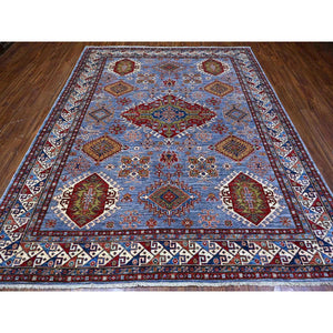 8'2"x9'10" Blue Gray With Valspar White, Afghan Super Kazak, All Over Colorful And Vibrant Geometric Elements, Natural Dyes, Hand Knotted, Oriental Rug FWR533472