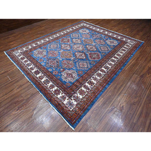 8'x10' Atlantic Blue, Afghan Super Kazak, Hand Knotted, 100% Wool, All Over Tribal Medallions, Vegetable Dyes, Oriental Rug FWR533484