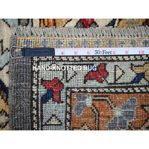 4'1"x11'9" Storm Cloud Gray, Vegetable Dyes, Fine Wide Runner Afghan With Geometric Village Design, 100% Wool, Hand Knotted Oriental Rug FWR533562