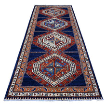 Load image into Gallery viewer, 4&#39;3&quot;x10&#39;5&quot; Federal Blue With Ginger Orange, Soft Wool, Aryana Vegetable Dyes, Fine Afghan With Geometric Village Design, Hand Knotted Wide Runner Oriental Rug FWR533568