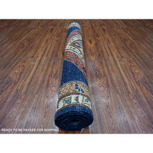 Load image into Gallery viewer, 4&#39;3&quot;x10&#39;5&quot; Federal Blue With Ginger Orange, Soft Wool, Aryana Vegetable Dyes, Fine Afghan With Geometric Village Design, Hand Knotted Wide Runner Oriental Rug FWR533568