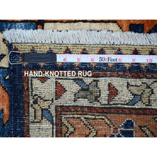 Load image into Gallery viewer, 4&#39;3&quot;x10&#39;5&quot; Federal Blue With Ginger Orange, Soft Wool, Aryana Vegetable Dyes, Fine Afghan With Geometric Village Design, Hand Knotted Wide Runner Oriental Rug FWR533568