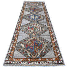 Load image into Gallery viewer, 4&#39;x11&#39;6&quot; Shiny Luster Gray and Squash Orange Border, Vibrant Wool, Aryana Fine Afghan Vegetable Dyes, Hand Knotted Geometric Village Design, Wide Runner Oriental Rug FWR533574