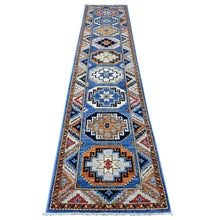 Load image into Gallery viewer, 2&#39;5&quot;x11&#39;8&quot; Periwinkle Blue With Sidewalk Gray, Soft and Lush Pile 100% Wool, Natural Dyes, Hand Knotted Colorful Afghan Ersari With Elephant Feet Design, Runner Oriental Rug FWR533592