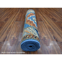 Load image into Gallery viewer, 2&#39;5&quot;x11&#39;8&quot; Periwinkle Blue With Sidewalk Gray, Soft and Lush Pile 100% Wool, Natural Dyes, Hand Knotted Colorful Afghan Ersari With Elephant Feet Design, Runner Oriental Rug FWR533592