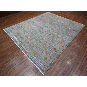 8'2"x9'8" Cityscape Gray, Denser Weave Natural Wool, Vegetable Dyes, Berber Influence Geometric Motifs Peshawar, Hand Knotted Oriental Rug FWR533742