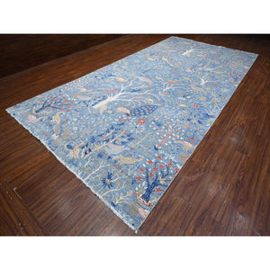 8'1"x16'2" Sea Blue, Hand Knotted 100% Wool, Vegetbale Dyes, Afghan Peshawar With Birds of Paradise Design, Gallery Size Runner Oriental Rug FWR533964