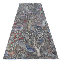 Load image into Gallery viewer, 4&#39;x9&#39;8&quot; Lava Gray, Afghan Peshawar Birds of Paradise Tree of Life Design, Hand Knotted, Vegetable Dyes, Shiny Wool, Wide Runner Oriental Rug FWR533976