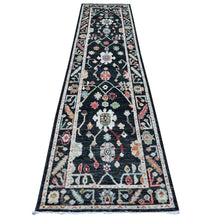 Load image into Gallery viewer, 2&#39;10&quot;x12&#39; Eerie Black, Hand Knotted With Wool Weft, Colorful Tribal Flower And Leaf Design All Over, Vegetable Dyes, Angora Oushak, Runner Oriental Rug FWR534048