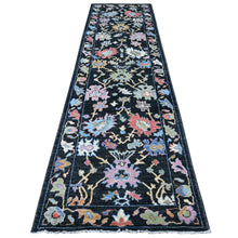 Load image into Gallery viewer, 3&#39;2&quot;x11&#39;5&quot; Midnight Black, Wool Foundation, Natural Dyes, Vibrant Tribal Flower And Leaf Design, Hand Knotted, Afghan Angora Oushak, Runner Oriental Rug FWR534066