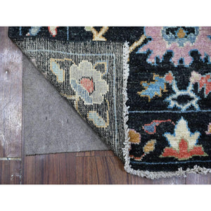 3'2"x11'5" Midnight Black, Wool Foundation, Natural Dyes, Vibrant Tribal Flower And Leaf Design, Hand Knotted, Afghan Angora Oushak, Runner Oriental Rug FWR534066