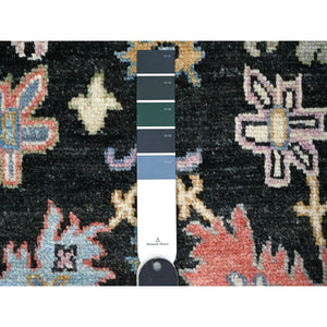 3'2"x11'5" Midnight Black, Wool Foundation, Natural Dyes, Vibrant Tribal Flower And Leaf Design, Hand Knotted, Afghan Angora Oushak, Runner Oriental Rug FWR534066