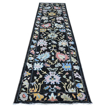 Load image into Gallery viewer, 3&#39;1&quot;x11&#39;6&quot; Raisin Black, Hand Knotted, Wool Foundation, Afghan Angora Oushak, Natural Dyes, Rural Motifs All Over Design, Runner Oriental Rug FWR534102