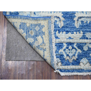 2'10"x11'9" Imperial Blue, Hand Knotted, Afghan Angora Oushak, Natural Dyes, Wool Foundation With Tribal Flower Design, Runner Oriental Rug FWR534120