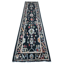 Load image into Gallery viewer, 2&#39;8&quot;x12&#39;5&quot; Asphalt Black, Extra Soft Wool Foundation, Hand Knotted, Vibrant Rural Floral Elements All Over Design, Afghan Angora Oushak, Runner Oriental Rug FWR534144