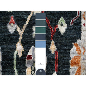 2'8"x12'5" Asphalt Black, Extra Soft Wool Foundation, Hand Knotted, Vibrant Rural Floral Elements All Over Design, Afghan Angora Oushak, Runner Oriental Rug FWR534144