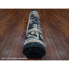 Load image into Gallery viewer, 2&#39;8&quot;x12&#39;5&quot; Asphalt Black, Extra Soft Wool Foundation, Hand Knotted, Vibrant Rural Floral Elements All Over Design, Afghan Angora Oushak, Runner Oriental Rug FWR534144