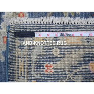 4'1"x11'9" Denim Blue, Wool Weft, Vegetable Dyes, Hand Knotted, Tribal Flower And Leaf All Over Design, Afghan Angora Oushak, Runner Wide Gallery Oriental Rug FWR534174