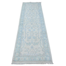 Load image into Gallery viewer, 2&#39;7&quot;x8&#39;2&quot; Nebulous White and Baby Blue, Hand Knotted Washed Out Runner With All Over Design, Organic Wool, Fine Peshawar Oriental Rug FWR534192