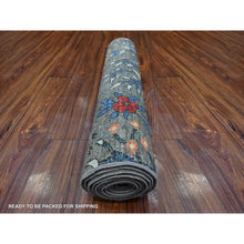 Load image into Gallery viewer, 2&#39;6&quot;x9&#39;9&quot; Graphite Gray, Afghan Peshawar With Birds of Paradise Design, Hand Knotted Natural Wool, Vegetable Dyes, Runner Oriental Rug FWR534336