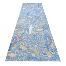 Load image into Gallery viewer, 4&#39;x11&#39;10&quot; Cadet Blue, Natural Dyes Extra Soft Wool, Hand Knotted Afghan Peshawar with Birds of Paradise, Wide Runner Oriental Rug FWR534444