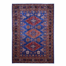 Load image into Gallery viewer, 9&#39;8&quot;x13&#39;7&quot; Neon Blue, Multiple Border, Large Triple Medallions, Hand Knotted, Natural Dyes, All Wool, Afghan Super Kazak Oriental Rug FWR534486